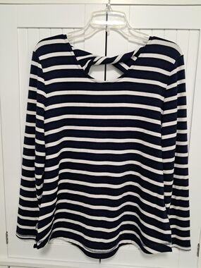 Talbots Navy & White Striped Long-Sleeve Twist-Back Top $59.50 NWT Sz PL